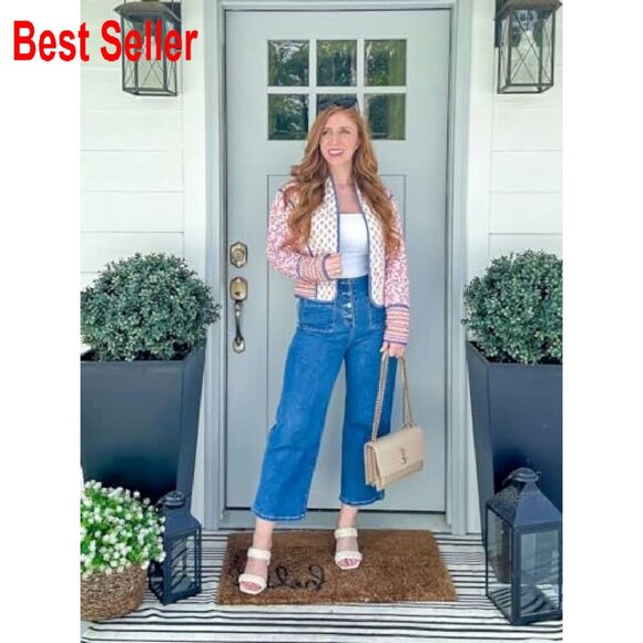 Cropped Floral Puffer Jacket Lightweight Quilted Open Front Chic Cardigan - Picture 5 of 7